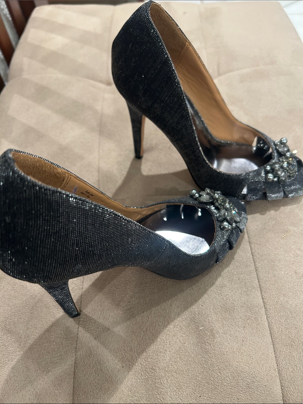 Badgley Mischka Glittered Black Peep-Toe Heels with Crystal Embellishment